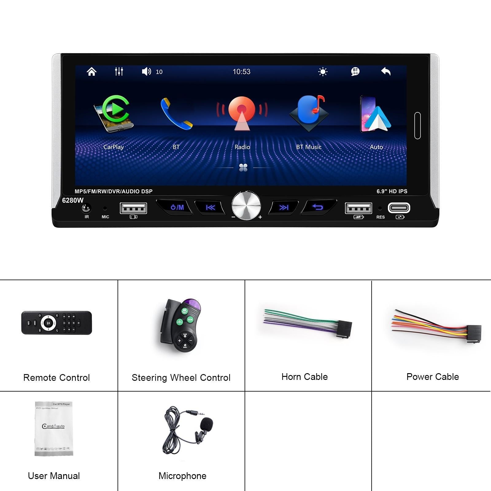 6.9 Inch Car Mp5 Player With Carplay Function & Backup Camera - Standard + Ahd Camera