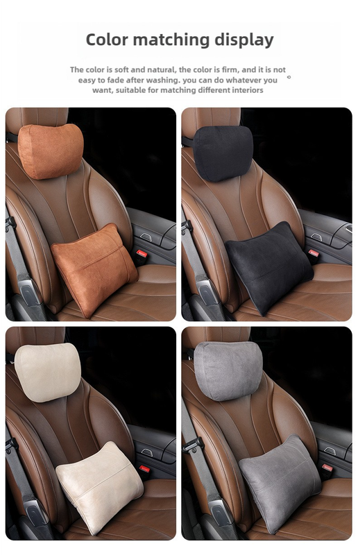 Beige Luxury Eco-Friendly Suede Car Headrest and Lumbar Cushion Set - Ergonomic Support, All-Season Comfort, Adjustable Straps, and Durable Design for Cars, Office, and Home Use