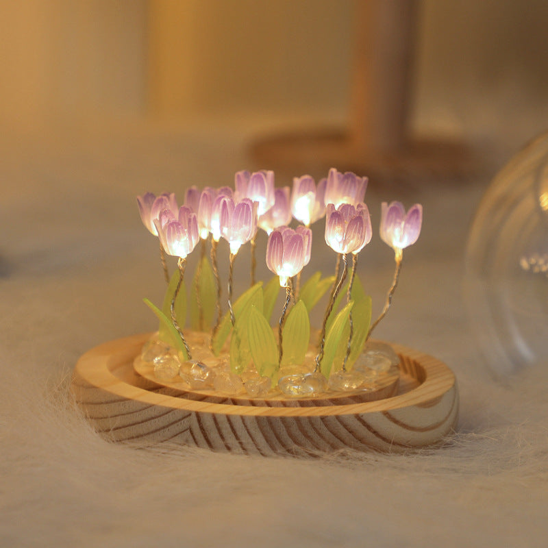 (Sixteen Purple Tulips) Glowing Tulip Dome Lamp - Wooden Base, Bedside Table Decoration