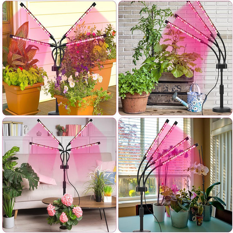 Black Adjustable 4-Head LED Grow Light - Full Spectrum Desktop Plant Lamp with Telescopic Stand, USB Powered for Indoor Seedlings & Flowers