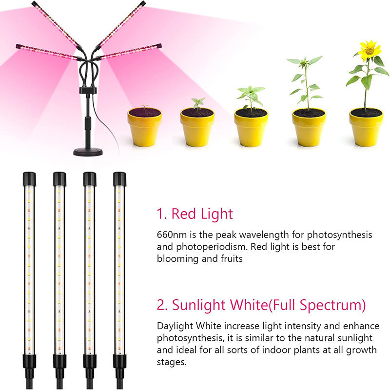 Black Adjustable 3-Head LED Grow Light - Full Spectrum Desktop Plant Lamp with Telescopic Stand, USB Powered for Indoor Seedlings & Flowers