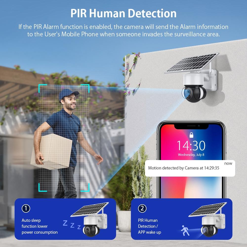 Solar Wifi Ptz Camera With Pir Detection - 2.4G - Battery Powered
