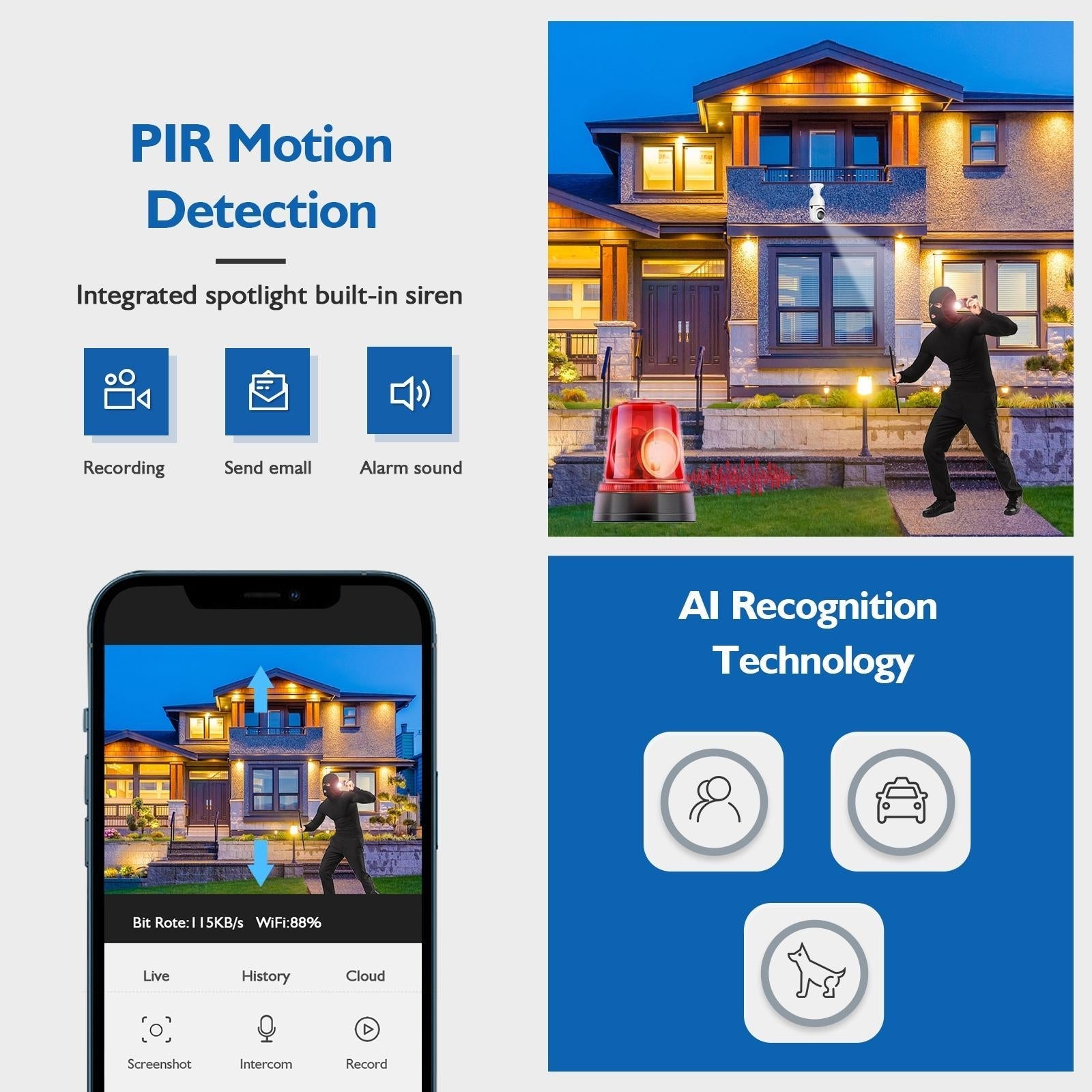 Smart Dual-Band Wifi Outdoor Light Bulb Camera - 1080P Hd Dual Light Source Infrared Night Vision Two-Way Audio Motion Detection Tf Card Support