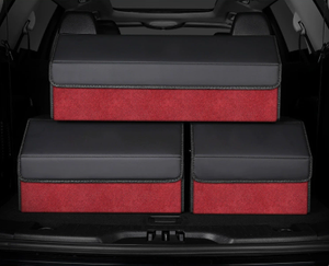 Extra Large Tumbled Leather Red Foldable Car Trunk Storage Box - Large Capacity Insertable Rear Organizer