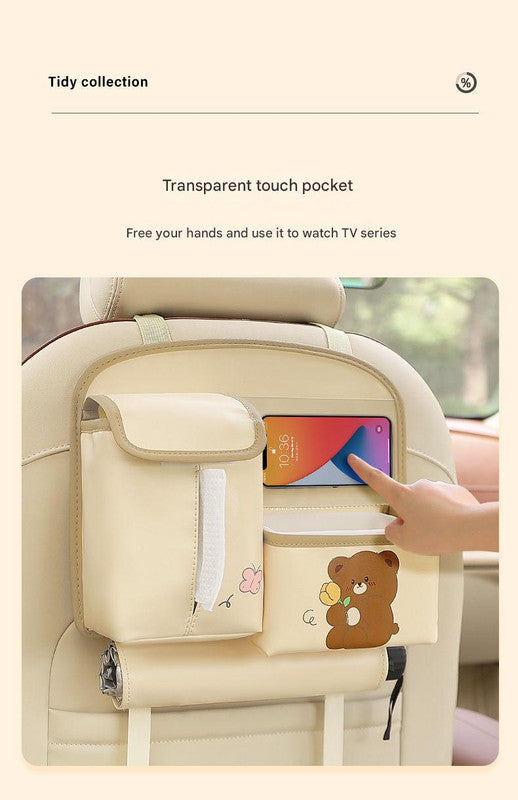 Car Seat Back Organizer with Practical design-Multi-Pocket Storage for Tissues and Gadgets-Cute bear(Pink)