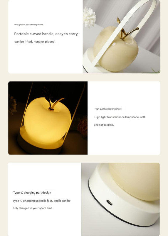 Yellow Decorative Apple Table Lamp - USB-C,  3 Light Modes, Metal Handle