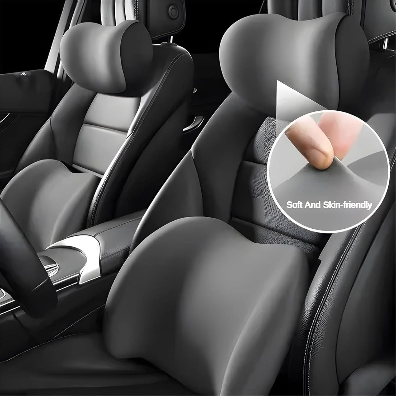 Grey Ergonomic Memory Foam Car Headrest & Lumbar Support Cushion Set - Driving Comfort Neck & Back Pillow