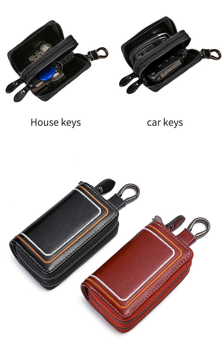 Blue Premium Genuine Leather Double Zipper Key Case - Car & House Key Organizer Pouch