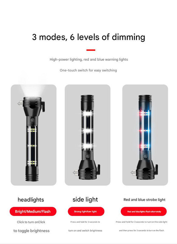 Black 8-in-1 Solar Powered Emergency Car Safety Hammer Flashlight - Window Breaker, Seatbelt Cutter, Alarm & Power Bank