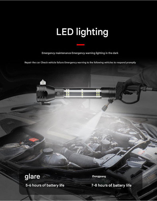 Black 8-in-1 Solar Powered Emergency Car Safety Hammer Flashlight - Window Breaker, Seatbelt Cutter, Alarm & Power Bank